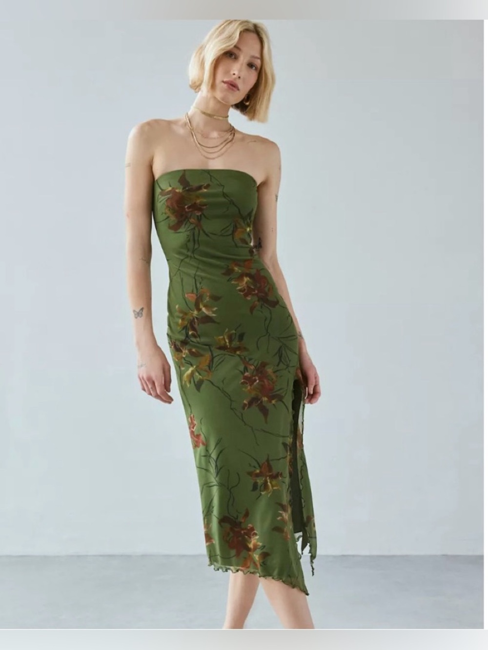 Urban Outfitters UO Samara Mesh Olive Green Strapless Floral Midi Dress